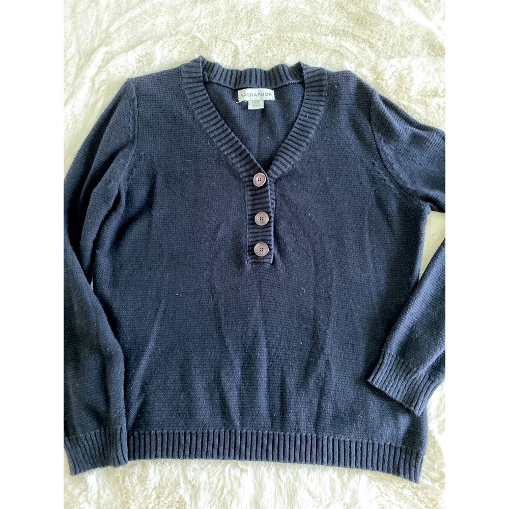 Sag Harbor Womens Navy Blue V-Neck Button Henley Knit Sweater Large Cotton Ramie
